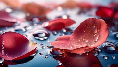 Greeting card with beautiful rose petals macro with drop floating on surface of the water