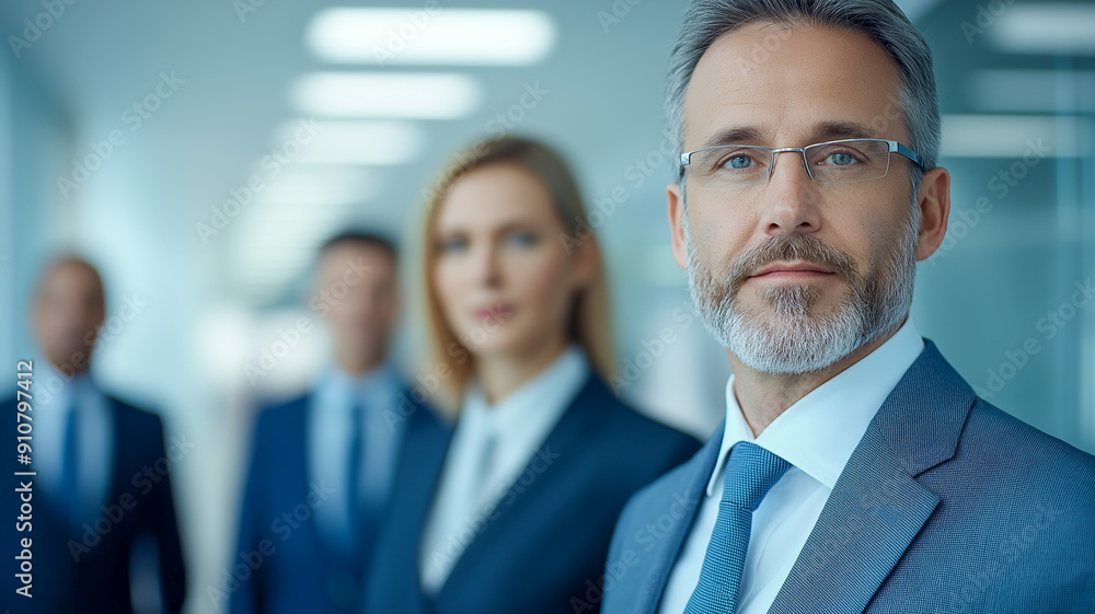 Confident businessman in a modern office setting, showcasing professionalism and teamwork with colleagues in the background. Confident businessman in a modern office setting, showcasing professionalism and teamwork with colleagues in the background.