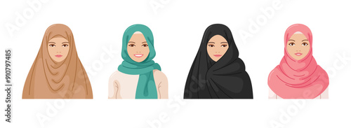 Oriental Muslim beautiful woman in hijab smiling portrait set vector flat illustration