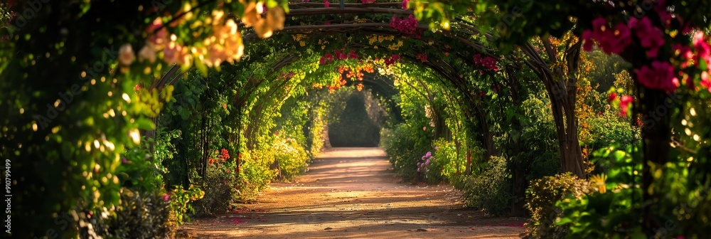 An exquisite floral arch tunnel illuminated by sunlight, creating a radiant and enchanting pathway through vibrant blooming flowers. An exquisite floral arch tunnel illuminated by sunlight, creating a radiant and enchanting pathway through vibrant blooming flowers.