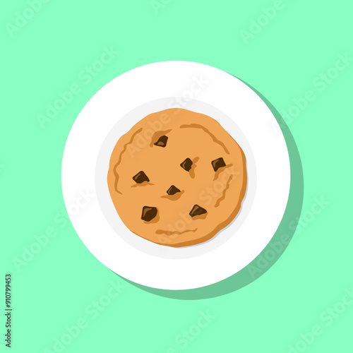 An illustration of a dish of chocolate chip soft cookie with aquamarine background