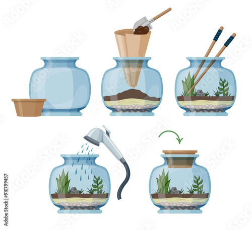 Terrarium nature green plant growth in ecosystem glass garden steps set isometric vector