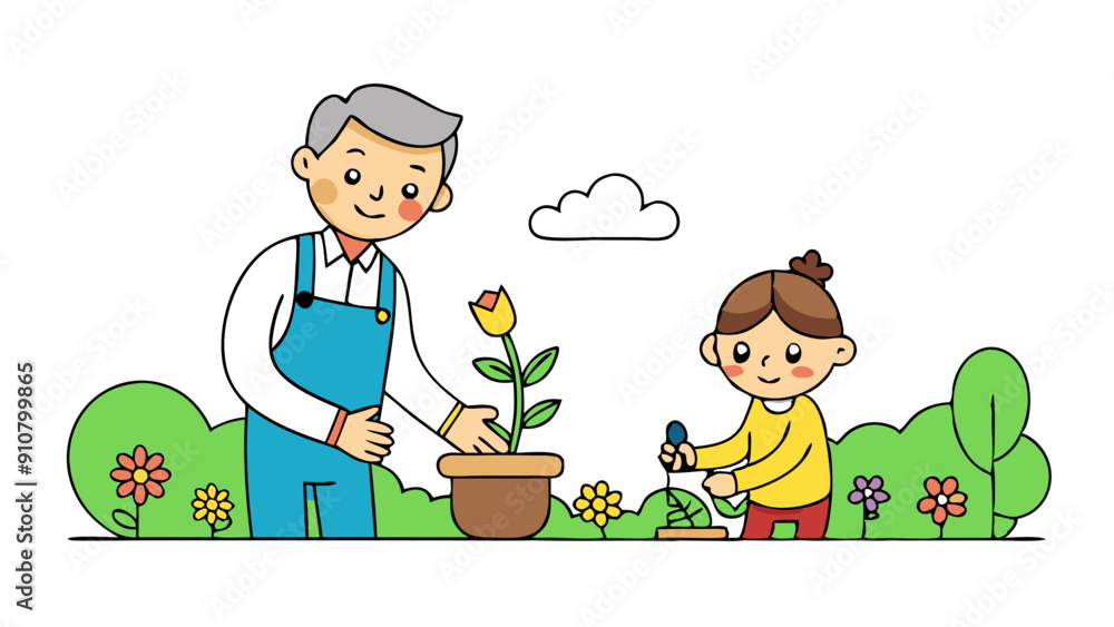 A joyful mentor guides young mentee on planting flowers in a sunny garden A joyful mentor guides young mentee on planting flowers in a sunny garden