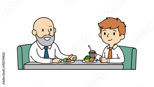 lunchtime conversation between two businessmen, mentor and mentee at café