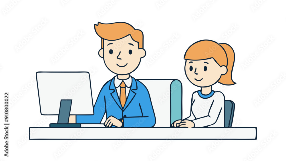 business male mentor guiding female colleague at computer desk in modern office environment business male mentor guiding female colleague at computer desk in modern office environment