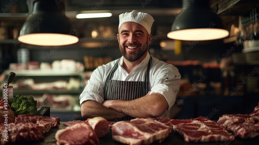Smiling of butcher man behind counter of meat market of grocery store. Smiling of butcher man behind counter of meat market of grocery store.