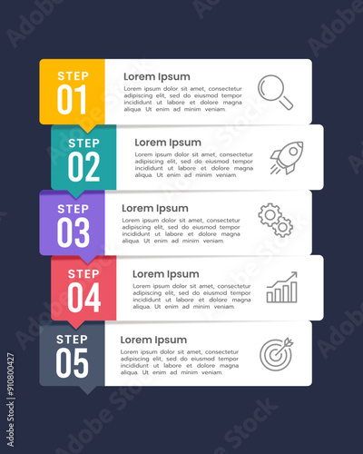 5 options or steps. Vertical infographic menu list design. Business presentation, Report, Planning, and Strategy. Vector illustration.
