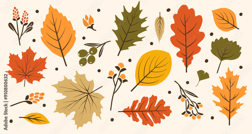 Fototapeta premium Cartoon Autumn Leaves and Fall Leaf, Autumn Background, Autumn Harvest, Autumn Tree, Falling Leaves, Autumn Leaves in SVG Vector Isolated Leaves
