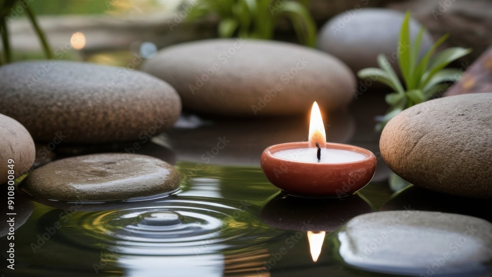 Close-up illustration of a small candle lit with water and flowers to create a relaxing, spa-like feeling. It can be used with music or works related to massage or spa. Close-up illustration of a small candle lit with water and flowers to create a relaxing, spa-like feeling. It can be used with music or works related to massage or spa.