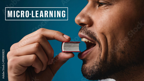 close up man about to eat tiny book, word “microlearning”, metaphor consuming information in small, manageable, bite-sized chunks