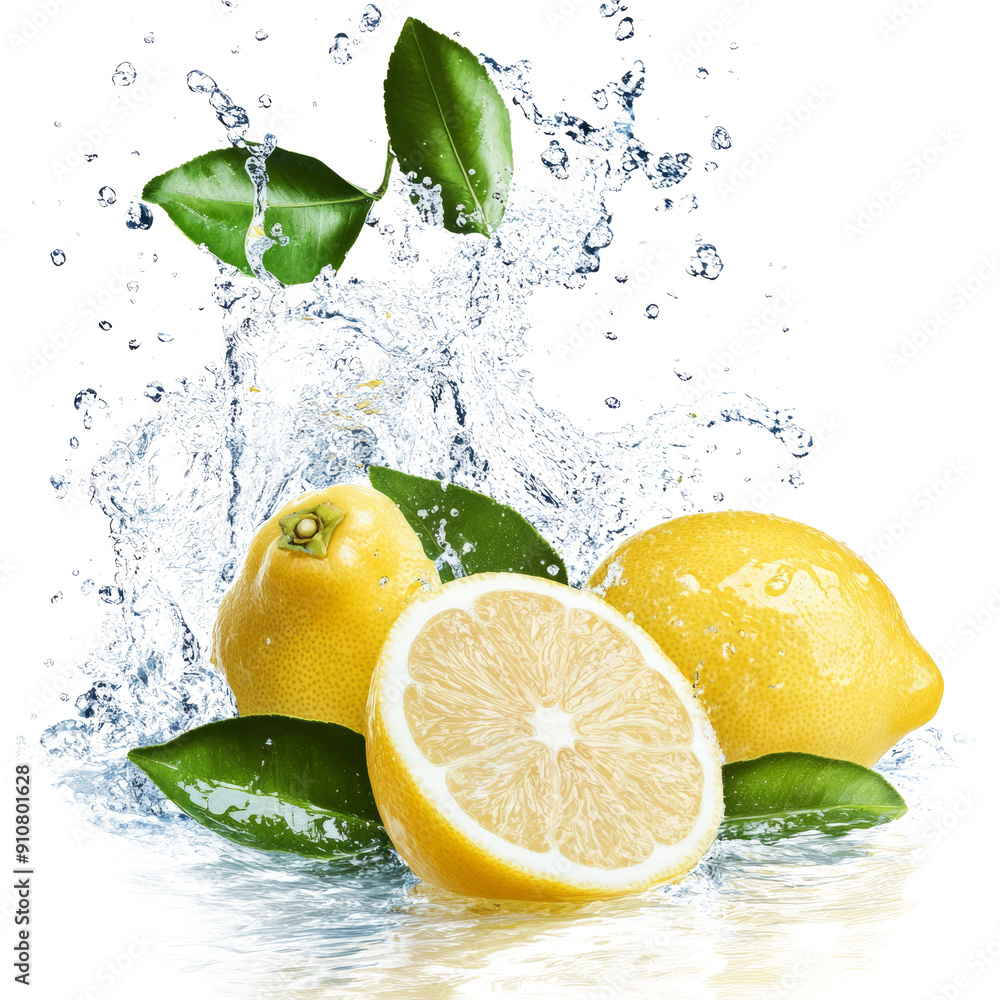 Fresh lemons splashing in water with green leaves, creating a refreshing and vibrant scene.