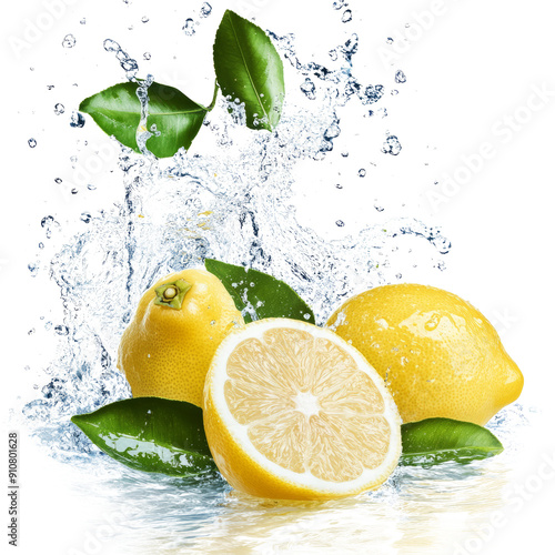 Obraz na płótnie Fresh lemons splashing in water with green leaves, creating a refreshing and vibrant scene. w salonie