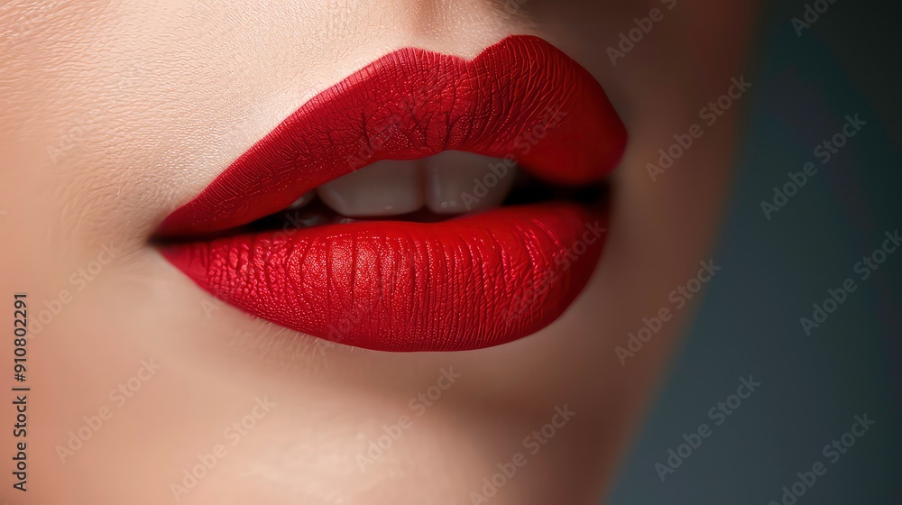 A close-up view of a woman's mouth with bright red lipstick. A close-up view of a woman's mouth with bright red lipstick.
