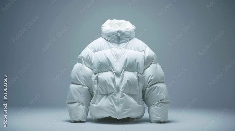 A minimalist white puffer jacket, smooth and clean lines, centered against a plain background A minimalist white puffer jacket, smooth and clean lines, centered against a plain background