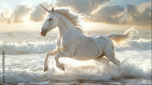 Majestic Unicorn Galloping on Ocean Shoreline at Sunrise - Magical Fantasy Creature in Enchanted Seascape