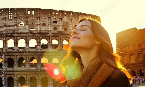 Portrait of a smiling young woman with long brown hair wearing a warm scarf standing in front of Colosseum in Rome, Italy