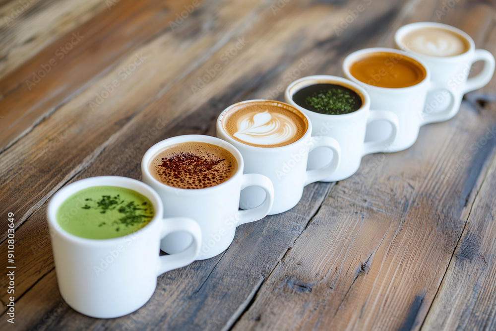 row of white coffee cups with different flavors, including green tea. The cups are arranged in a line on a wooden table row of white coffee cups with different flavors, including green tea. The cups are arranged in a line on a wooden table