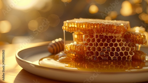 Golden honeycomb dripping honey on a plate.