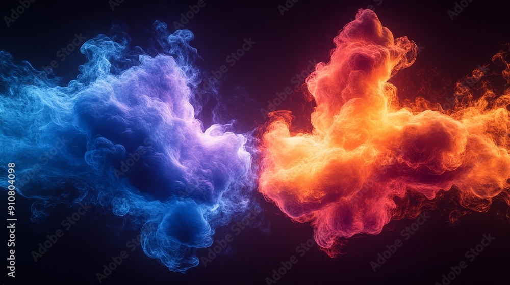 Blue and orange cloud-like formations in dark space. Blue and orange cloud-like formations in dark space.