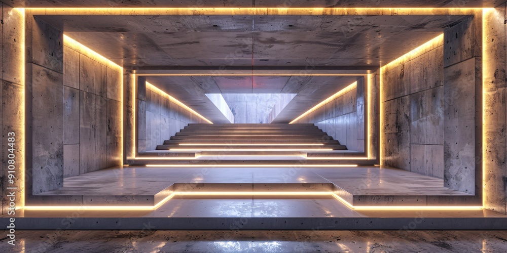Obraz premium Multilayered communal area featuring an abstract design of concrete and timber with vibrant neon illumination, presented through 3D visualization.