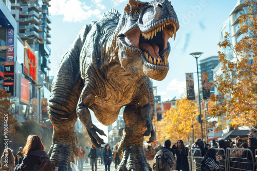 A large dinosaur statue in the middle of a busy city street