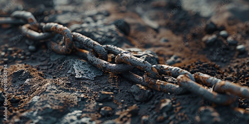 An aged metal link rests on the floor. An aged metal link rests on the floor.