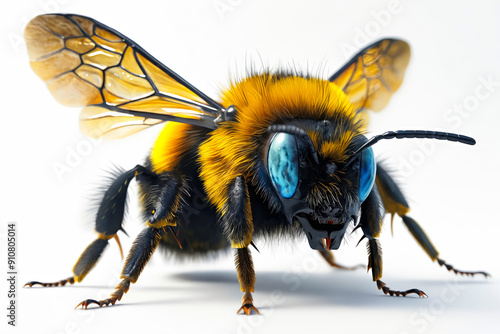 A close up of a bee with blue eyes on a white background