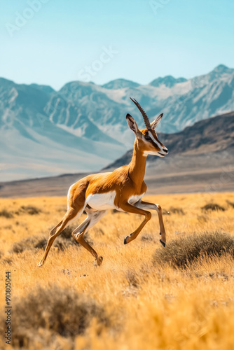 A gazelle running across a grassy field with mountains in the background