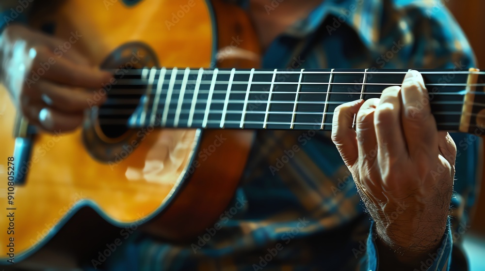 Obraz premium A person's hands playing a guitar.