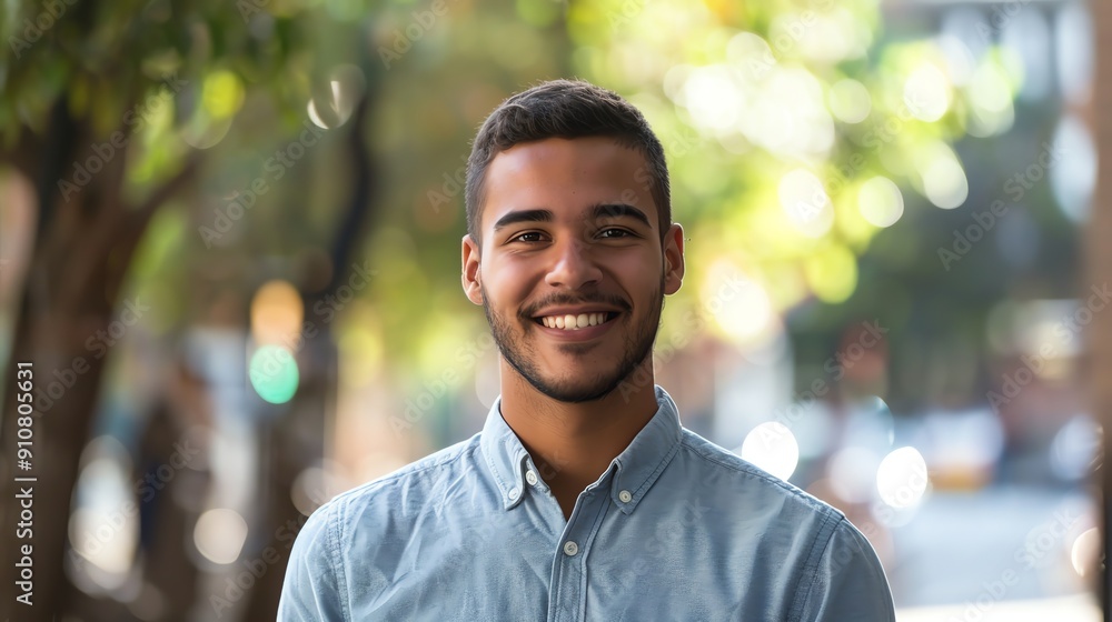 A young man smiles for the camera, outdoors. A young man smiles for the camera, outdoors.