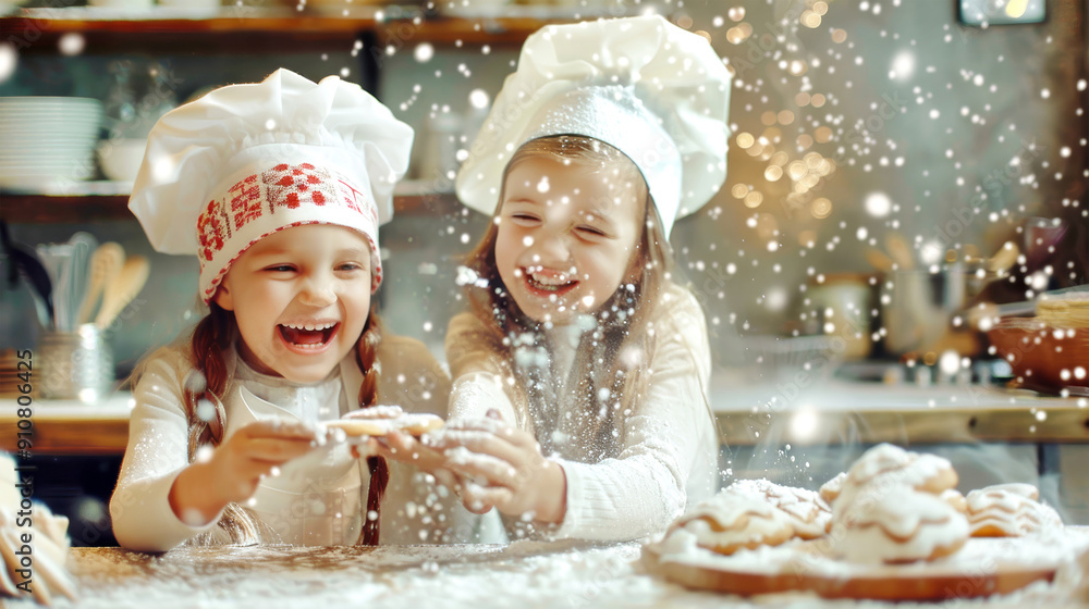 Two cheerful girls wearing chef hats are playfully crafting Christmas cookies, surrounded by flour and laughter in a cozy kitchen filled with holiday spirit Two cheerful girls wearing chef hats are playfully crafting Christmas cookies, surrounded by flour and laughter in a cozy kitchen filled with holiday spirit