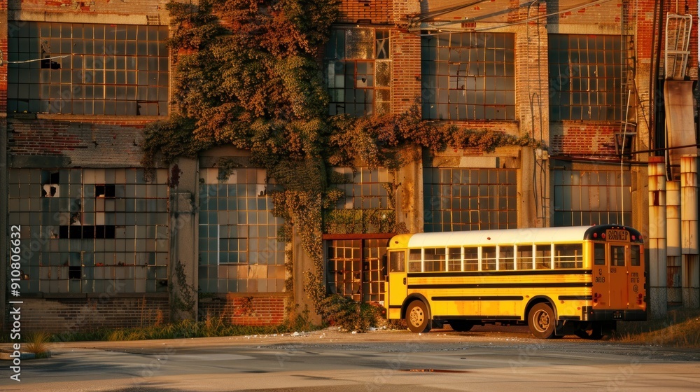 Obraz premium A yellow school bus parked in front of an abandoned brick building with broken windows and overgrown vines.