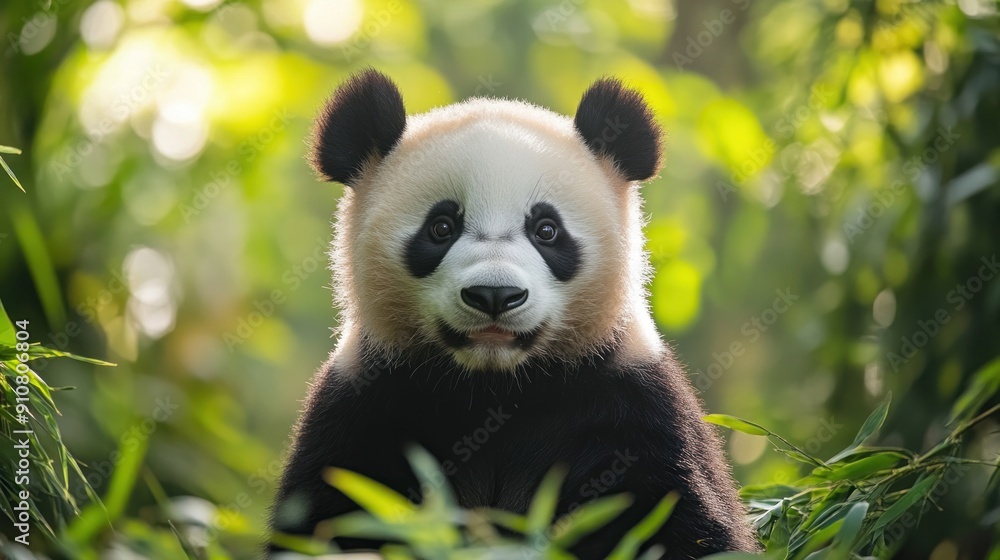 Close-up of a panda munching on bamboo shoots with a blurred background of lush greenery. The image includes ample copy space on the sides to highlight International Panda Day. Close-up of a panda munching on bamboo shoots with a blurred background of lush greenery. The image includes ample copy space on the sides to highlight International Panda Day.