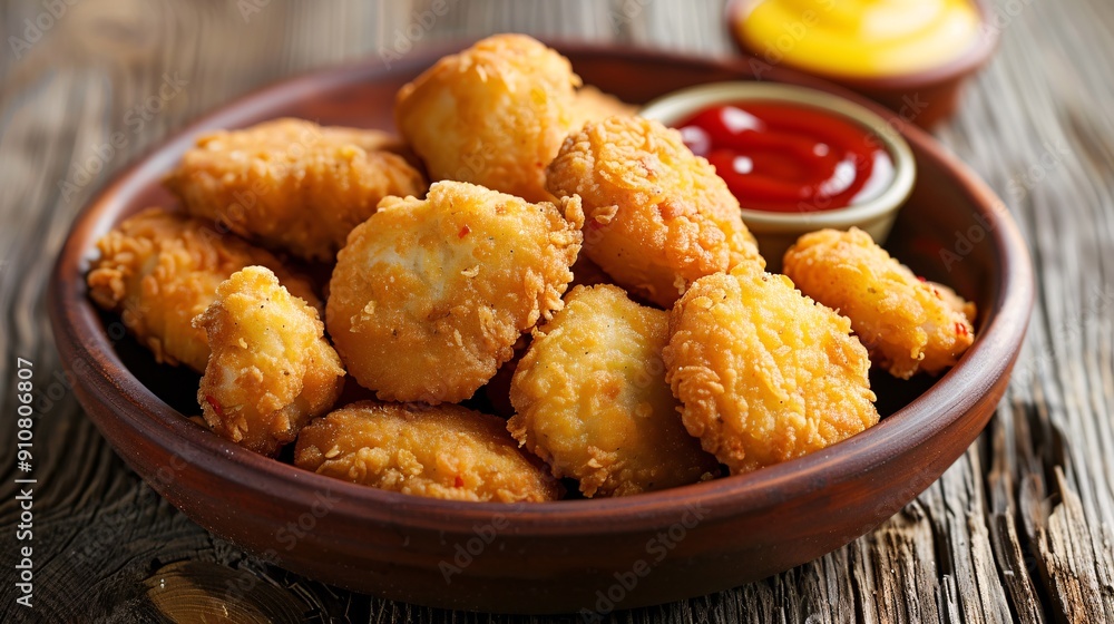 Crispy breaded chicken bites accompanied by mayo, tomato sauce and mustard on a rustic table. Crispy breaded chicken bites accompanied by mayo, tomato sauce and mustard on a rustic table.