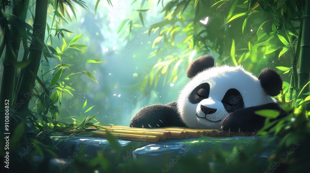 A panda resting comfortably on a bamboo mat in a natural habitat, with plenty of open space around it. The background features dense bamboo forest and clear skies, ideal for International Panda Day A panda resting comfortably on a bamboo mat in a natural habitat, with plenty of open space around it. The background features dense bamboo forest and clear skies, ideal for International Panda Day