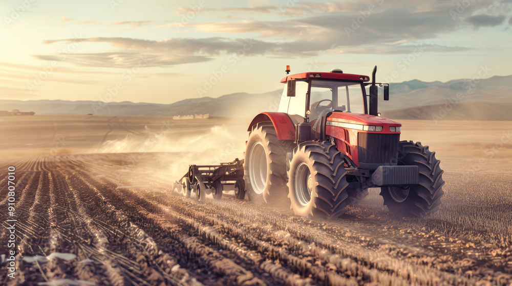 A red tractor powers through a field, turning soil as golden sunlight filters through dust clouds, creating a serene atmosphere in the evening A red tractor powers through a field, turning soil as golden sunlight filters through dust clouds, creating a serene atmosphere in the evening