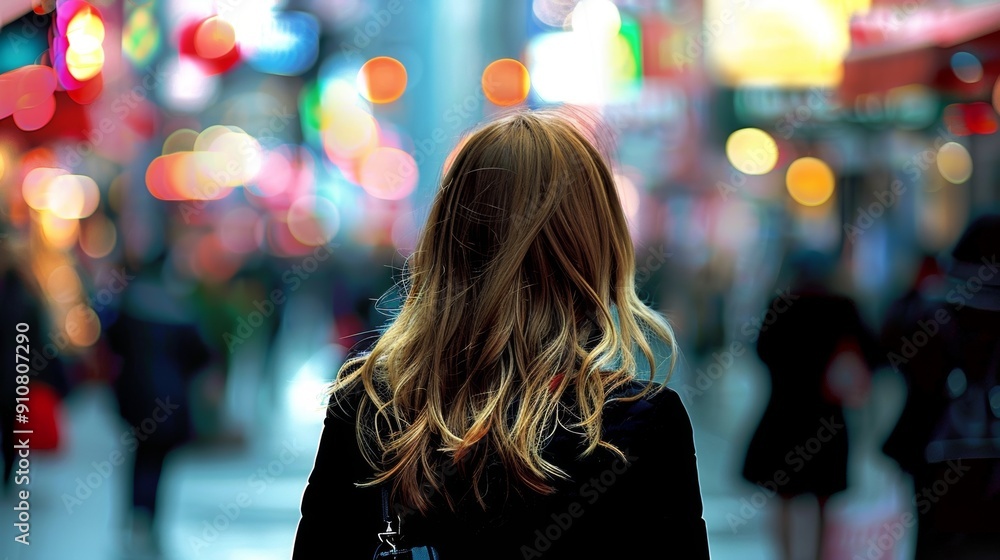 Fototapeta premium beautiful Woman Walking Down the Street, back view or rear view, walking in the street at night. young woman stands alone. Generative ai