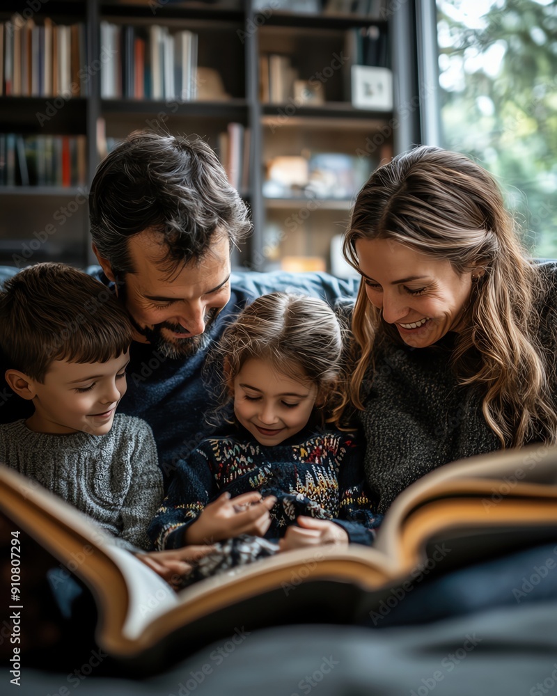 A family reading books together in the living room A family reading books together in the living room