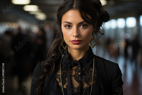 Portrait of a beautiful Latina woman, with dark brown hair, with large earrings, beautiful brown eyes, wearing a black long-sleeved blouse, she is at an airport, generative AI