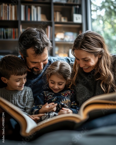 A family reading books together in the living room