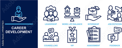 career development  icon set includes thin line leadership, work life balance, internship, job rotation, counselling, vip, assessment icons for report, presentation, diagram, web design