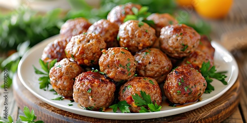 Savory meatballs served on a pristine plate. photo