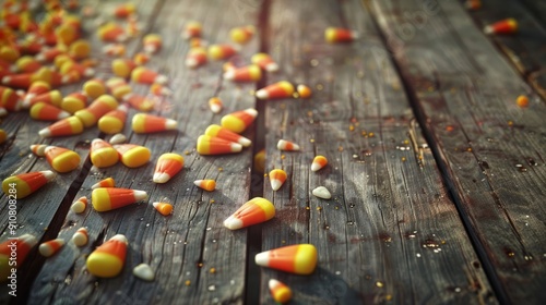 Scattered candy corn on rustic wooden surface.