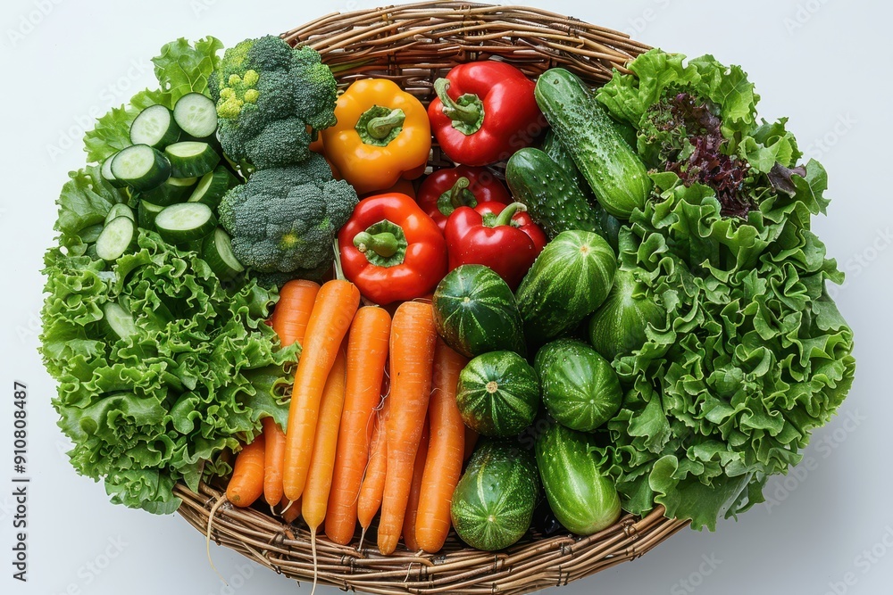 Wicker basket with various vegetables inside Wicker basket with various vegetables inside