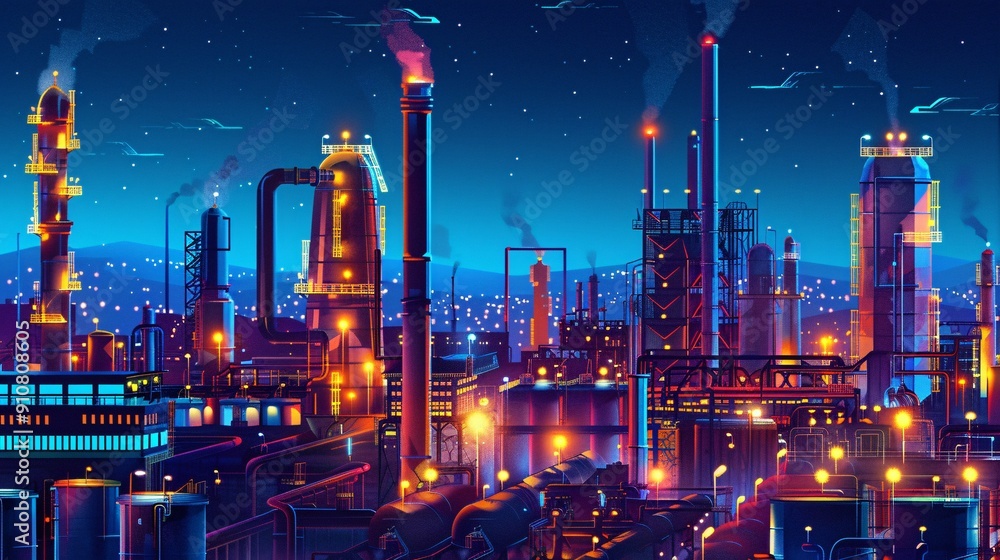 custom made wallpaper toronto digitalA nocturnal petrochemical facility with a refinery and tower in the oil and gas sector.