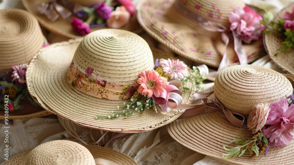 Straw hats adorned with ribbons and flowers, worn on sunny days to complement springtime attire and protect from the sun. Straw hats adorned with ribbons and flowers, worn on sunny days to complement springtime attire and protect from the sun.