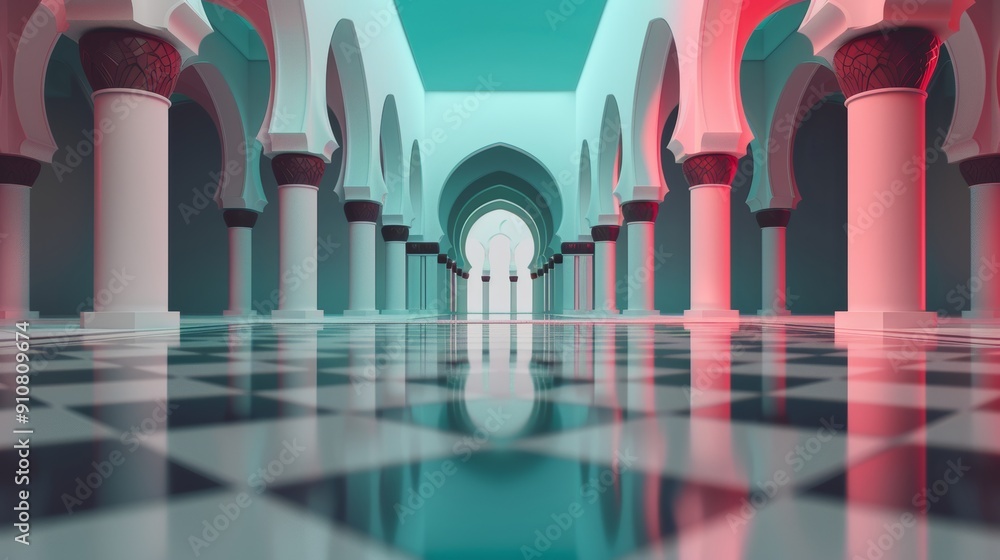 Fototapeta premium Mosque with complex geometric patterns bathed in neon city reflections, showcasing the harmony between tradition and urban life
