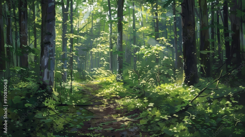 Obraz premium Sunlight filters through lush green foliage, casting dappled shadows on the forest floor