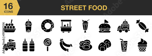 Street Food Glyph icon set. Includes Dumplings, Hamburger, Milkshake, Food stall, Sausage, Onigiri, and More. Solid icons vector collection.