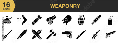 Weaponry Glyph icon set. Includes tank, boomerang, air bomb, axe, gun, knife, and More. Solid icons vector collection.